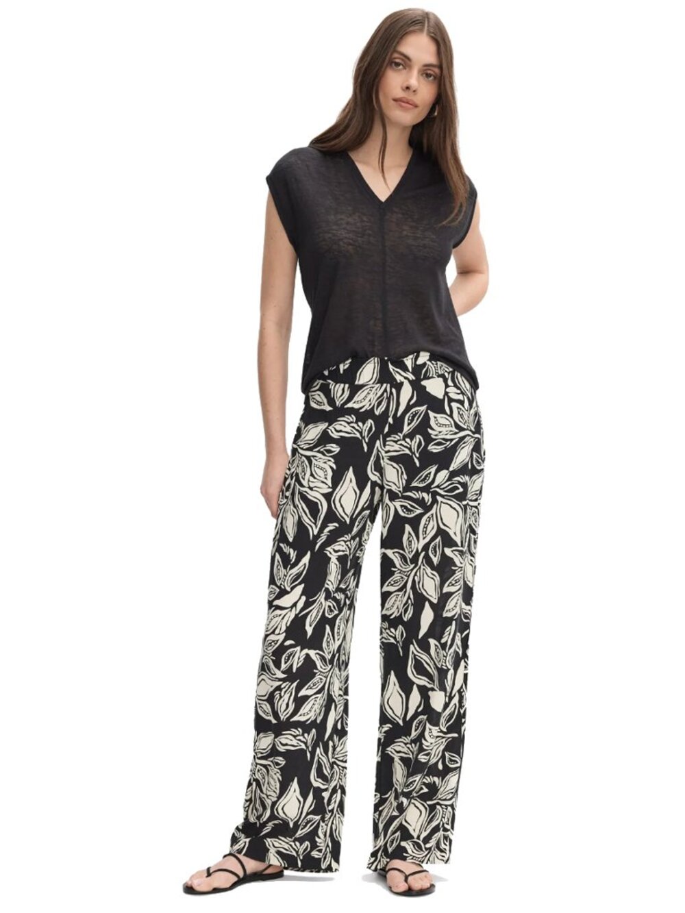 Panama Jack Wide Leg Pull On Black & Cream Tropical Leaf Print Pants M